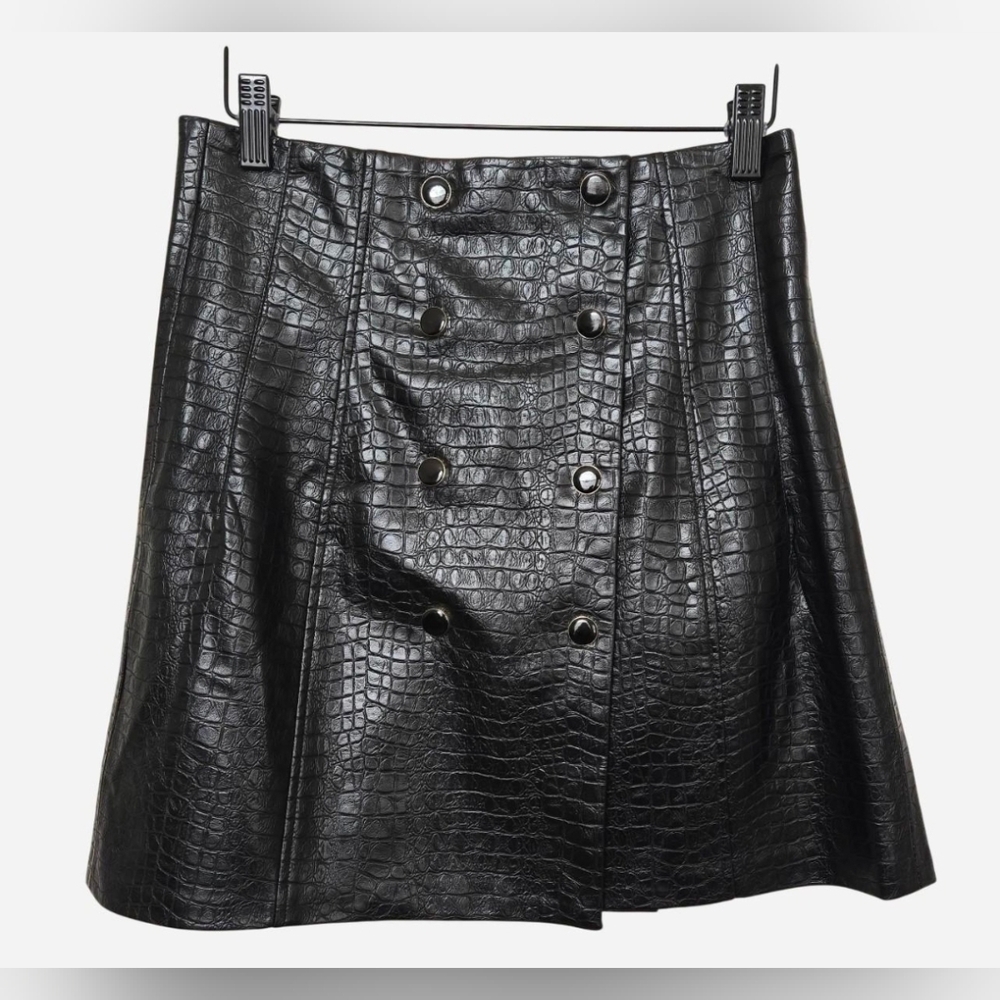 Vintage Y2K Industry Croc Faux Leather Black Mini Skirt Size 2 Glam Streetwear